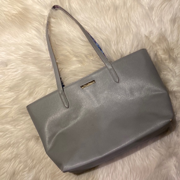 Betsey Johnson Grey Floral Blue Purple Purse Tote Bag with Wristlet - Picture 1 of 9